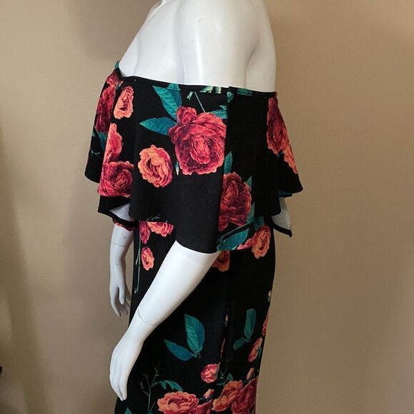 Woman's Off the Shoulder Black Maxi Mermaid Bodycon Dress w/Roses - Size 1X - Picture 7 of 11